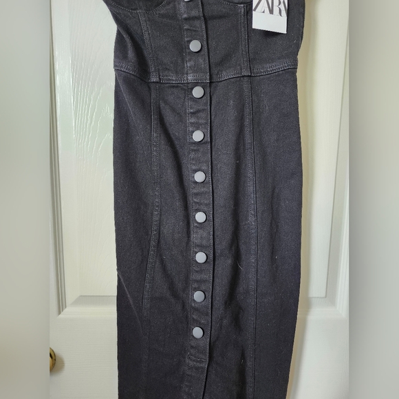 Zara Black Strapless Denim Bustier Jean Button Down Midi Dress XS - Picture 4 of 9
